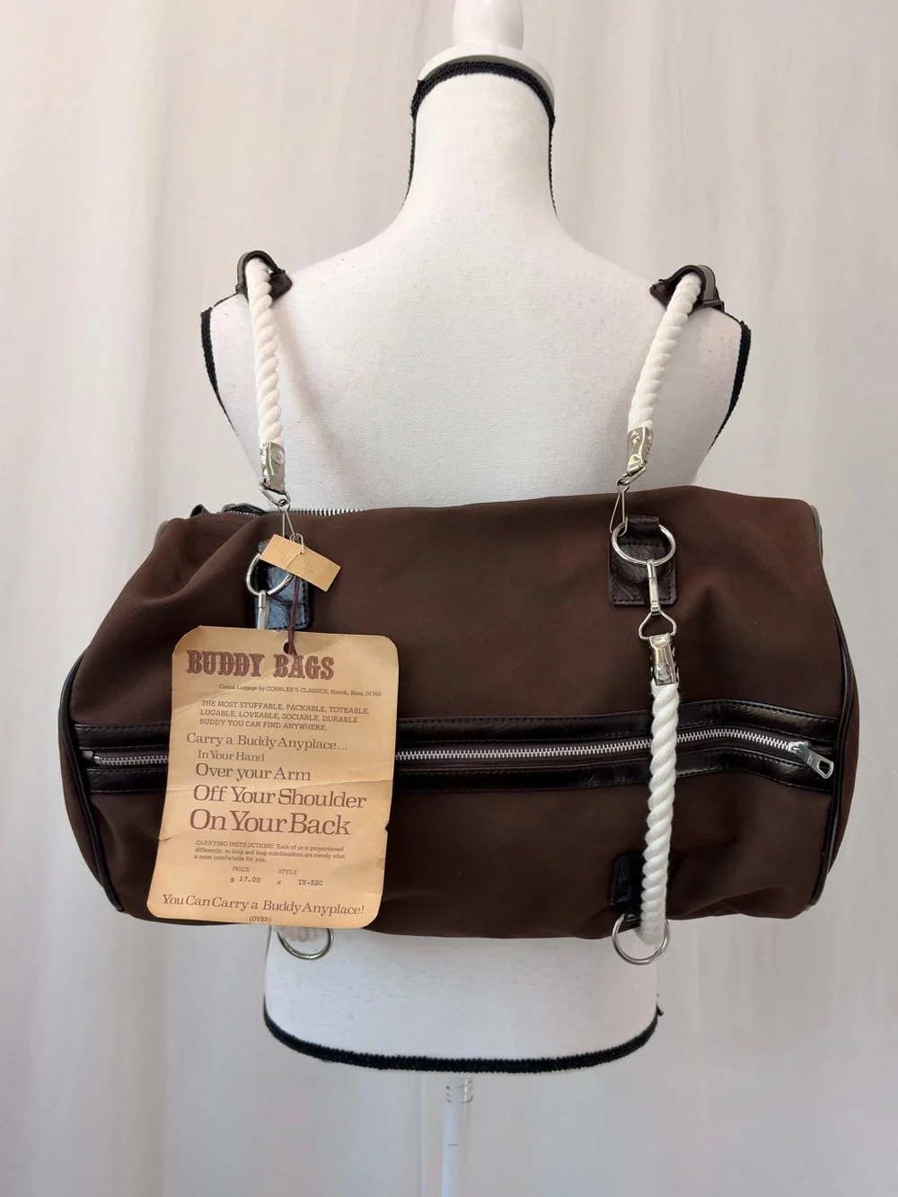 Vintage 1970s “Buddy Bag” Convertible Brown Canvas Duffel Backpack Weekender NOS